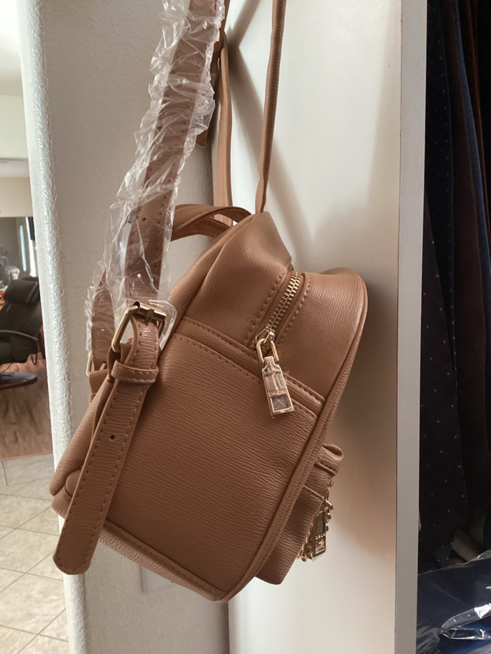 bebe Peach-Tan Mini Backpack with Gold Script Logo - Picture 4 of 6